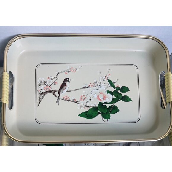 Lacquerware 3-Piece Tray Set Bird & Floral Design Japan By Jay Import Co NEW - Picture 2 of 10
